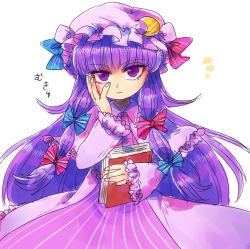 Rule 34 | 1girl, bad id, bad pixiv id, book, crescent, dress, frown, furukawa (yomawari), hand on own cheek, hand on own face, hat, long hair, looking at viewer, patchouli knowledge, purple dress, purple eyes, purple hair, solo, touhou, translation request