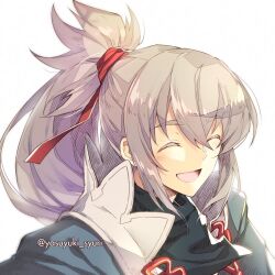 Rule 34 | 1boy, aristocratic clothes, closed eyes, facing to the side, fire emblem, fire emblem fates, grey hair, hair ribbon, japanese clothes, male focus, nintendo, open mouth, ponytail, red ribbon, ribbon, shuri yasuyuki, solo, takumi (fire emblem), white background