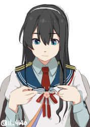Rule 34 | 1girl, 4690 (tkpbsk), black hair, blue sailor collar, cleaning glasses, closed mouth, unworn eyewear, glasses, hairband, holding, holding removed eyewear, kantai collection, long hair, long sleeves, one-hour drawing challenge, ooyodo (kancolle), red neckwear, sailor collar, school uniform, serafuku, simple background, solo, twitter username, upper body, white background, white hairband