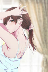 Rule 34 | 1girl, absurdres, back, bare shoulders, blurry, blurry background, blush, breasts, brown eyes, brown hair, curtains, day, from side, hair between eyes, hair tie, highres, holding, holding own hair, idolmaster, idolmaster cinderella girls, indoors, long hair, looking at viewer, nape, nitta minami, parted lips, ryuu., singlet, solo, sunlight, tying hair, window