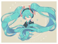 Rule 34 | 1girl, absurdly long hair, blue hair, blush stickers, chibi, detached sleeves, floating hair ornament, hatsune miku, headphones, highres, long hair, long sleeves, own hands clasped, own hands together, pleated skirt, sakuhana87, skirt, solo, twintails, very long hair, vocaloid