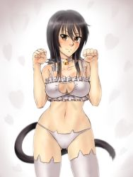 Rule 34 | 1girl, artist request, bell, neck bell, neck bell, black hair, bra, breasts, brown eyes, cat cutout, cat ear panties, cat lingerie, cat tail, choker, cleavage, cleavage cutout, clothing cutout, collar, coppelion, highres, jingle bell, lingerie, long hair, meme attire, naruse ibara, navel, panties, paw pose, smile, solo, tail, thighhighs, underwear, white bra