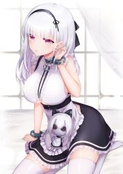 Rule 34 | 1girl, absurdres, anchor symbol, apron, azur lane, black hairband, black skirt, breasts, center frills, character doll, chiutake mina, clothing cutout, detached collar, dido (azur lane), earrings, frilled apron, frilled shirt, frills, grey hair, hair behind ear, hairband, highres, jewelry, large breasts, long hair, looking at viewer, maid, maid apron, shirt, skindentation, skirt, thighhighs, underboob, underboob cutout, white apron, white shirt, white thighhighs