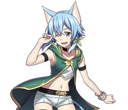 Rule 34 | 1girl, ;d, animal ears, armlet, blue eyes, blue hair, bracelet, cat ears, cat tail, choker, collarbone, cowboy shot, crop top, green ribbon, hair between eyes, hair ribbon, jewelry, midriff, navel, one eye closed, open mouth, ribbon, short hair with long locks, short shorts, shorts, sidelocks, sinon (sao-alo), smile, solo, standing, stomach, sword art online, tail, transparent background, wet, white shorts