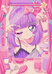 Rule 34 | 1girl, absurdres, babydoll, bare shoulders, blunt bangs, bottle, bow, breasts, cleavage, closed mouth, commentary request, cosmetics, curtains, cutting hair, hair bow, hair brush, hanazono shuka, hands up, heart, highres, holding, holding hair, holding scissors, idol time pripara, long hair, looking at viewer, milon cas, mirror, nail polish, nail polish bottle, one eye closed, perfume bottle, pink bow, ponytail, pretty series, pripara, purple eyes, purple hair, purple nails, retro artstyle, scissors, small breasts, solo, sparkle, star (symbol), upper body