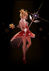 Rule 34 | 1girl, absurdres, antenna hair, arm behind back, black background, blonde hair, blush, breasts, cardcaptor sakura, closed mouth, dress, frilled dress, frills, full body, gloves, green eyes, hair intakes, heart, high heels, highres, holding, holding staff, kero (cardcaptor sakura), kinomoto sakura, kneehighs, koyaya, lens flare, looking at viewer, looking back, red dress, red footwear, short dress, short hair, sleeveless, sleeveless dress, small breasts, smile, socks, staff, white gloves, white socks
