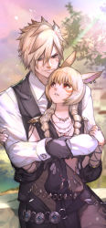 Rule 34 | 1boy, 1girl, animal ears, warrior of light (ff14), belt, black gloves, black vest, blonde hair, branch, cat ears, closed mouth, collarbone, collared shirt, commentary request, commission, cowboy shot, drill hair, ear piercing, elezen, elf, facial mark, final fantasy, final fantasy xiv, gloves, hide (hideout), highres, hug, hug from behind, jewelry, long hair, long sleeves, looking at another, miqo&#039;te, necklace, outdoors, parted lips, piercing, pointy ears, red eyes, scar, scar on face, shirt, short hair, skeb commission, smile, twin drills, vest, whisker markings, white shirt