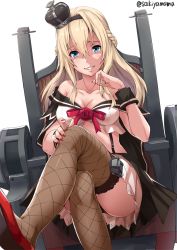 Rule 34 | 10s, 1girl, adapted costume, alternate costume, alternate legwear, bare shoulders, black panties, blonde hair, blue eyes, braid, breasts, chair, collarbone, commentary request, crossed legs, crown, eyebrows, fishnet thighhighs, fishnets, french braid, garter straps, hair between eyes, hairband, hand on leg, hand on own chin, kantai collection, long hair, looking at viewer, medium breasts, mini crown, nail polish, off shoulder, open mouth, panties, pantyshot, red nails, sakiyamama, simple background, sitting, skirt, smile, solo, teeth, thighhighs, turret, twitter username, underwear, warspite (kancolle), white background, wristband
