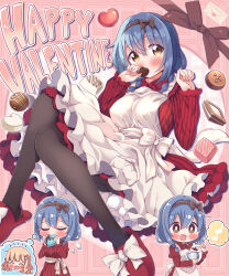 Rule 34 | 2girls, :d, ^ ^, apron, black pantyhose, blonde hair, blue hair, blush, bow, box, braid, breasts, brown eyes, candy, character name, chocolate, chocolate heart, closed eyes, dress, english text, envelope, fang, flying sweatdrops, food, furutani himawari, gift, gift box, hair between eyes, hair intakes, hair ornament, hairband, hairclip, happy valentine, heart, highres, holding, holding chocolate, holding food, holding gift, large breasts, long sleeves, mini person, minigirl, multiple girls, musical note, oomuro sakurako, open mouth, pantyhose, pink background, red dress, slippers, smile, spoken musical note, striped clothes, striped dress, takahero, thought bubble, twin braids, vertical-striped clothes, vertical-striped dress, white apron, white bow, white chocolate, yuri, yuru yuri