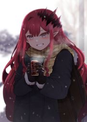 Rule 34 | 1girl, arano oki, bag, baobhan sith (fate), black coat, black gloves, blurry, blurry background, brown scarf, can, canned coffee, coat, commentary request, day, depth of field, drink can, fate/grand order, fate (series), fur-trimmed gloves, fur trim, gloves, grey eyes, grin, highres, holding, holding can, long hair, long sleeves, looking at viewer, outdoors, plaid, plaid scarf, pointy ears, red hair, scarf, smile, snowing, solo, unmoving pattern, upper body, very long hair