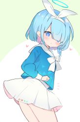 Rule 34 | 1girl, absurdres, applemint, arona (blue archive), blue archive, blue eyes, blue hair, blue shirt, blush, bow, braid, from side, hair bow, hair over one eye, halo, heart, highres, long sleeves, looking at viewer, looking back, miniskirt, ribbon, school uniform, serafuku, shirt, short hair, skirt, smile, solo, thighs, white skirt