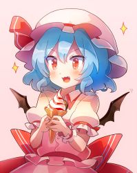 Rule 34 | 1girl, 60mai, :3, :d, bat wings, blue hair, blush, brooch, commentary request, dress, fang, food, hair between eyes, hat, hat ribbon, holding, holding food, ice cream, jewelry, looking at viewer, mob cap, open mouth, pink background, pink dress, pink hat, puffy short sleeves, puffy sleeves, red eyes, red ribbon, red sash, remilia scarlet, ribbon, sash, short hair, short sleeves, simple background, smile, solo, sparkle, touhou, upper body, wings, wrist cuffs