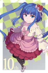 Rule 34 | 1girl, aki poi, blouse, blue eyes, blue hair, blunt bangs, bow, breasts, choker, collarbone, commentary, flower, furudo erika, hair flower, hair ornament, high-waist skirt, lolita fashion, long hair, looking at viewer, mary janes, pantyhose, pink bow, pink skirt, red flower, red rose, ribbon, rose, shirt, shoes, skirt, skirt hold, small breasts, smile, solo, twintails, umineko no naku koro ni, very long hair, white footwear