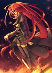 Rule 34 | 1girl, absurdres, alastor (shakugan no shana), black coat, black thighhighs, coat, dutch angle, floating hair, from side, green jacket, green skirt, hair between eyes, hand on hilt, highres, jacket, jewelry, long hair, miniskirt, misaki high school uniform, necklace, open clothes, open coat, open mouth, pleated skirt, profile, red eyes, red hair, school uniform, shakugan no shana, shana, sketch, skirt, solo, standing, sword, th-asary800, thighhighs, very long hair, weapon, zettai ryouiki