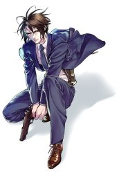 Rule 34 | 1boy, black hair, blue jacket, blue pants, blue suit, brown footwear, dress shoes, fighting stance, final fantasy, final fantasy vii, final fantasy vii remake, formal, full body, gun, hair between eyes, handgun, holding, holding gun, holding weapon, holster, jacket, male focus, necktie, on one knee, pants, red eyes, shirt, short hair, solo, square enix, suit, thigh holster, turks (ff7), vincent valentine, weapon, white background, white shirt, yonesuke