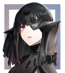 Rule 34 | 1girl, adeline (girls&#039; frontline), android, bags under eyes, black hair, brown eyes, character request, cizzi, eyepatch, girls&#039; frontline, hair ribbon, headgear, nyto (girls&#039; frontline), one eye covered, outside border, ribbon, science fiction, simple background, skin tight, solo, white background