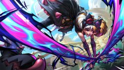 Rule 34 | 1girl, :d, animal ears, black dress, black footwear, blue eyes, brown hair, cat ears, day, detached sleeves, dress, fake animal ears, gwen (league of legends), heterochromia, highres, holding, holding scissors, holding weapon, league of legends, multicolored hair, official art, open mouth, outdoors, oversized object, red eyes, red footwear, scissors, shiny skin, shoes, smile, solo, soul fighter gwen, spiked anklet, spikes, stadium, teeth, two-tone hair, upper teeth only, weapon, white hair