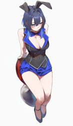 Rule 34 | 1girl, absurdres, alternate costume, animal ear hairband, animal ears, arm support, bare shoulders, black footwear, blue bow, blue bowtie, blue eyes, blue hair, blue skirt, blush, bow, bowtie, breasts, cleavage, covered navel, detached collar, fake animal ears, from above, full body, hair between eyes, hairband, highres, hololive, hololive english, large breasts, legs together, on stool, ouro kronii, pleated skirt, rabbit ear hairband, rabbit ears, rabbit tail, short hair, shy, sitting, skirt, solo, stool, tail, theflatfacadeds, thighs, vest, virtual youtuber, white background, white wrist cuffs, wrist cuffs
