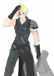 Rule 34 | 1boy, 87, absurdres, aqua eyes, armor, black gloves, blonde hair, blood, blood on face, chest strap, cloud strife, final fantasy, final fantasy vii, final fantasy vii advent children, fusion swords, gloves, grey pants, grey shirt, hand in own hair, high collar, highres, holding, holding weapon, injury, male focus, open collar, pants, pink ribbon, ribbon, shirt, short hair, shoulder armor, sleeveless, sleeveless shirt, solo, spiked hair, square enix, suspenders, upper body, weapon, white background