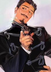 Rule 34 | 1boy, absurdres, aged down, black eyes, black hair, buttons, collared jacket, commentary request, facial hair, finger on trigger, goatee, golden kamuy, gun, handgun, highres, holding, holding gun, holding weapon, jacket, kajibaji, long sleeves, looking to the side, male focus, military, military uniform, mustache, revolver, scar, scar on face, short hair, sideburns, simple background, solo, tsurumi tokushirou, uniform, upper body, weapon