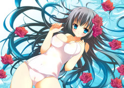 Rule 34 | 1girl, aqua eyes, black hair, blush, breasts, cleavage, female focus, flower, gradient background, long hair, natsuki coco, one-piece swimsuit, original, plant, red flower, red rose, rose, solo, swimsuit