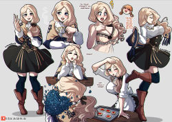Rule 34 | 2girls, annette fantine dominic, artist name, blonde hair, blue eyes, blue legwear, blush, boots, bow, breasts, character sheet, cleavage, closed mouth, cookie, english text, closed eyes, fire emblem, fire emblem: three houses, flower, food, from side, garreg mach monastery uniform, grey background, hair bow, highres, kinkymation, large breasts, long hair, long sleeves, low ponytail, mercedes von martritz, multiple girls, multiple views, nintendo, one eye closed, open mouth, orange hair, simple background, table, thighhighs, tray, uniform, watermark, web address
