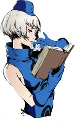 Rule 34 | 1girl, absurdres, bare shoulders, book, card, club3, cropped torso, elizabeth (persona), gloves, hat, highres, mouth hold, persona, persona 3, silver hair, simple background, solo, white background, yellow eyes