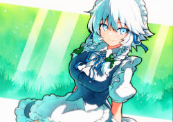 Rule 34 | 1girl, apron, bad id, bad twitter id, blue dress, blue eyes, blush, bow, braid, breasts, closed mouth, dress, frilled dress, frills, green bow, hair between eyes, hair bow, highres, izayoi sakuya, large breasts, maid, maid apron, maid headdress, puffy short sleeves, puffy sleeves, qqqrinkappp, short hair, short sleeves, smile, solo, touhou, traditional media, twin braids, waist apron, white apron, white hair