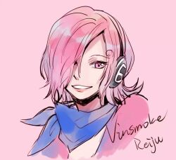 Rule 34 | 1girl, blue neckerchief, character name, commentary request, curly eyebrows, dress, headphones, neckerchief, one piece, pink background, pink dress, pink eyes, pink hair, short hair, simple background, smile, solo, vinsmoke reiju, xx zslove