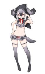 Rule 34 | 10s, 1girl, animal ears, bare arms, capelet, full body, gradient hair, grey hair, grey thighhighs, grin, hair between eyes, hand on own hip, hood, hooded capelet, hooded seal (kemono friends), ise (0425), kemono friends, multicolored hair, navel, red eyes, simple background, smile, solo, standing, stomach, tail, thigh strap, thighhighs, v-shaped eyebrows, white background, white hair