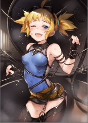 Rule 34 | 10s, 1girl, ahoge, arm strap, bare shoulders, belt, blonde hair, blue eyes, blush, bodysuit, breasts, covered navel, covered erect nipples, fangs, fingerless gloves, gloves, goggles, goggles on head, granblue fantasy, heart, heart-shaped pupils, looking at viewer, neo-masterpeacer, one eye closed, open mouth, pengie, smile, solo, standing, sweat, symbol-shaped pupils