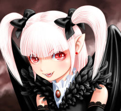 Rule 34 | 1girl, black bow, black wings, blunt bangs, bow, brooch, brown background, earrings, fangs, feather trim, hair bow, jewelry, long hair, looking at viewer, mantenkoubou, original, pointy ears, red eyes, sidelocks, simple background, solo, two side up, upper body, vampire, white hair, wings