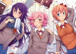 Rule 34 | 3girls, :d, absurdres, arm behind head, badge, bag, blue eyes, book, bow, candy, commentary, crumpled paper, doki doki literature club, english commentary, food, from above, hair between eyes, hair bow, hair ornament, hairclip, highres, holding, holding book, knife, letter, long hair, love letter, lying, multiple girls, natsuki (doki doki literature club), on back, on floor, open mouth, paper, parted lips, pen, pencil, petals, pink hair, poem, purple eyes, purple hair, red bow, red eyes, rope, sayori (doki doki literature club), school uniform, short hair, smile, tiri, two side up, very long hair, wooden floor, yuri (doki doki literature club)