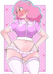 Rule 34 | 1girl, alien, blush, bow, breasts, butterfly background, collared shirt, commentary request, corrupted twitter file, embarrassed, fang, full-face blush, hair bow, hands on own hips, highleg, highleg panties, highres, medium breasts, microskirt, navel, panties, pink background, pink hair, pink shirt, ran (urusei yatsura), red eyes, shirt, skin fang, skirt, solo, thighhighs, toyishiki shizuoka, underwear, urusei yatsura, v-shaped eyebrows