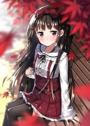 Rule 34 | 1girl, arm support, autumn leaves, bench, black hair, black ribbon, black thighhighs, blurry, blurry foreground, blush, bow, collared shirt, commentary request, day, depth of field, frilled shirt collar, frilled skirt, frills, from above, hair bow, hair ornament, hairclip, hand up, highres, leaf, leaf hair ornament, long hair, long sleeves, looking at viewer, maple leaf, miniskirt, neck ribbon, original, outdoors, park bench, parted lips, pleated skirt, red bow, red eyes, red skirt, ribbon, shirt, sidelocks, sitting, skirt, sleeves past wrists, solo, thighhighs, white shirt, yaki mayu, zettai ryouiki