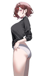 Rule 34 | 1girl, absurdres, ass, black shirt, blush, breasts, brown hair, commentary, from side, highres, higuchi madoka, idolmaster, idolmaster shiny colors, large breasts, long sleeves, looking at viewer, looking to the side, mole, mole under eye, no pants, panties, parted lips, pink eyes, shirt, short hair, simple background, solo, spider apple, thighs, underwear, white background, white panties