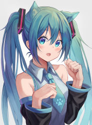Rule 34 | 1girl, :d, absurdres, animal ears, aqua necktie, bare shoulders, bib (bibboss39), black sleeves, blue eyes, blue hair, blush, breasts, cat ears, collared shirt, detached sleeves, gradient background, grey background, grey shirt, hatsune miku, highres, kemonomimi mode, long hair, long sleeves, looking at viewer, necktie, open mouth, paw pose, paw print, print necktie, print neckwear, shirt, small breasts, smile, solo, twintails, upper body, very long hair, vocaloid, wing collar