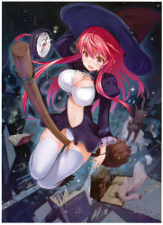 Rule 34 | 1girl, absurdres, book, bracelet, breasts, broom, broom riding, cat, center opening, cleavage cutout, clothing cutout, compass, copyright request, dress, hat, highres, jewelry, large breasts, long hair, maeda risou, navel, open mouth, orange eyes, panties, red hair, short dress, solo, surprised, underwear, witch, witch hat