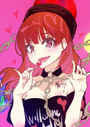 Rule 34 | 1girl, :d, bare shoulders, black choker, black shirt, blush, body writing, breasts, candy, chain, choker, cleavage, clothes writing, commentary request, food, hair between eyes, hands up, heart, hecatia lapislazuli, holding, holding food, lollipop, long hair, looking at viewer, off-shoulder shirt, off shoulder, one-hour drawing challenge, open mouth, purple background, red eyes, red hair, shirt, short sleeves, simple background, smile, solo, syuri22, t-shirt, touhou, upper body