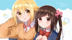 Rule 34 | 2girls, bag, beeftanizoko, blonde hair, blush, brown eyes, brown hair, closed mouth, commentary request, copyright name, head tilt, highres, hitori bocchi, hitoribocchi no marumaru seikatsu, long sleeves, looking at viewer, mole, mole under eye, multiple girls, one side up, parted lips, polka dot, polka dot background, red neckwear, school bag, school uniform, smile, sunao nako, sweater, swept bangs, upper body