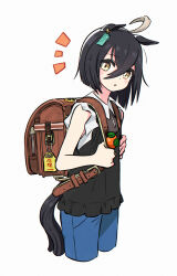 Rule 34 | 1girl, absurdres, aged down, ahoge, alternate costume, alternate hair length, alternate hairstyle, animal ears, appleq, backpack, bag, bag charm, bare shoulders, black hair, blush stickers, brown bag, charm (object), commentary request, cowboy shot, crime prevention buzzer, cropped legs, denim, earrings, hair between eyes, highres, horse ears, horse girl, horse tail, jeans, jewelry, looking at viewer, manhattan cafe (umamusume), multicolored hair, notice lines, pants, parted lips, partial commentary, randoseru, shirt, short hair, simple background, single earring, sleeveless, sleeveless shirt, solo, streaked hair, tail, umamusume, white background, white hair, yellow eyes