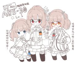 Rule 34 | 3girls, ags-30 (girls&#039; frontline), blue eyes, brown hair, chibi, chinese text, commentary, cowboy shot, cropped legs, drum magazine, fatkewell, flying sweatdrops, girls&#039; frontline, glasses, hair ornament, hair ribbon, hiding, hiding behind another, holding, id card, looking at viewer, magazine (weapon), miniskirt, multiple girls, partially colored, pleated skirt, red eyes, ribbon, simple background, skirt, standing, star (symbol), thighhighs, traditional chinese text, translation request, white background, yellow eyes, zettai ryouiki