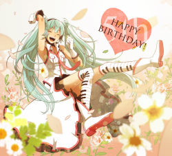 Rule 34 | 1girl, 778-go, armpits, bad id, bad pixiv id, boots, closed eyes, flower, gloves, green hair, happy birthday, hatsune miku, headset, long hair, necktie, patterned legwear, piano keys, piano print, print thighhighs, solo, thighhighs, twintails, very long hair, vocaloid