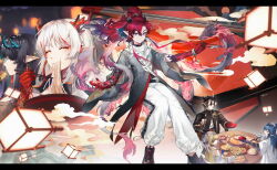 2boys 4girls ^_^ absurdres alcohol arknights bare_shoulders beads black_hair black_jacket blonde_hair blue_hair brother_and_sister brothers chinese_commentary chinese_new_year chongyue_(arknights) chopsticks closed_eyes closed_mouth colored_extremities commentary_request cup dragon dragon_girl dragon_horns drink dusk_(arknights) earrings eastern_dragon eating facing_another family floating floating_hair food gradient_hair green_eyes green_hair grey_jacket hair_between_eyes hair_intakes highres holding holding_chopsticks horns incredibly_absurdres jacket jewelry jia_redian_ruzi_ruzi lantern letterboxed ling_(arknights) long_hair looking_at_viewer multicolored_hair multiple_boys multiple_girls nian_(arknights) noodles off_shoulder pants paper_lantern plate pointy_ears profile red_eyes red_hair sakazuki sake shu_(arknights) siblings sisters sparkle streaked_hair table white_hair white_jacket white_pants wooden_table yu_(arknights)