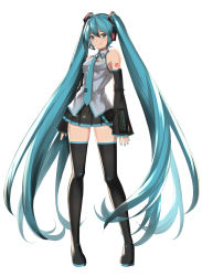 Rule 34 | 1girl, absurdly long hair, annno ans, aqua eyes, aqua hair, aqua nails, boots, collared shirt, detached sleeves, full body, hatsune miku, headset, highres, long hair, nail polish, necktie, pleated skirt, shirt, skindentation, skirt, sleeveless, sleeveless shirt, solo, tattoo, thigh boots, thighhighs, twintails, very long hair, vocaloid, vocaloid boxart pose, white background, wide sleeves, zettai ryouiki
