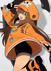 Rule 34 | 1girl, :d, anchor, bike shorts, black gloves, boots, brown eyes, brown hair, fingerless gloves, gabu (az210309), gloves, grey background, guilty gear, guilty gear strive, highres, holding, holding anchor, long hair, long sleeves, looking at viewer, may (guilty gear), open mouth, orange footwear, simple background, smile, solo, teeth, thighs, upper teeth only