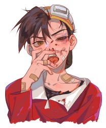Rule 34 | 1boy, absurdres, ay (1054105084), backwards hat, bandaid, bandaid on face, bandaid on hand, baseball cap, blood, blood on face, brown eyes, brown hair, collarbone, commentary, creatures (company), ethan (pokemon), fingernails, game freak, goggles, goggles on headwear, hair between eyes, hand up, hat, highres, jacket, long sleeves, looking at viewer, male focus, nintendo, open mouth, pokemon, pokemon adventures, red jacket, shirt, short hair, solo, teeth, tongue, torn clothes, torn shirt, upper teeth only