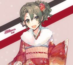 Rule 34 | 1girl, 2017, :d, alternate costume, alternate hairstyle, blush, braid, floral print, flower, fur collar, green eyes, green hair, hair flower, hair ornament, japanese clothes, kantai collection, kimono, long hair, long sleeves, looking at viewer, open mouth, ponytail, print kimono, red kimono, smile, solo, striped, striped background, tareme, translated, upper body, wavy hair, wide sleeves, zp hn02, zuikaku (kancolle)