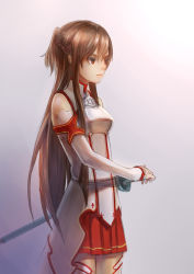 Rule 34 | 10s, 1girl, armor, asuna (sao), bare shoulders, breastplate, brown hair, detached sleeves, highres, long hair, masashi (excellent), red eyes, sketch, solo, sword, sword art online, weapon