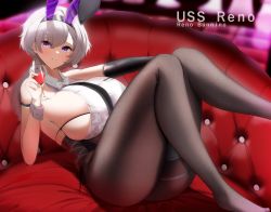 Rule 34 | 1girl, absurdres, alcohol, animal ears, azur lane, bare shoulders, black gloves, black hairband, black pantyhose, blush, breasts, character name, closed mouth, collared shirt, couch, cup, drinking glass, elbow gloves, fake animal ears, feet out of frame, gloves, hairband, highres, holding, holding cup, huge breasts, huge filesize, knees up, long hair, looking at viewer, lying, nicorima, no shoes, official alternate costume, on back, on couch, pantyhose, purple eyes, rabbit ears, reno (azur lane), reno (reno bunnino) (azur lane), shirt, sideboob, silver hair, single glove, skindentation, sleeveless, sleeveless shirt, smile, solo, thighs, white shirt, wine, wine glass, wrist cuffs